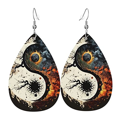 Leder-Ohrringe in Tropfenform, leichte baumelnde Tropfenohrringe für Frauen – rundes orientalisches Symbol „Brennen, weiß von Oudrspo