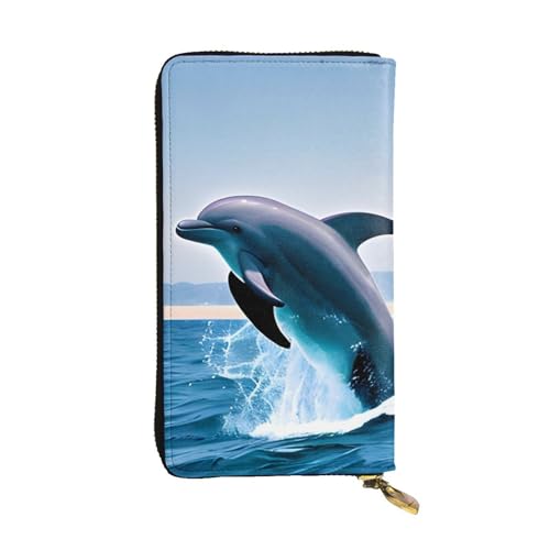 Ledergeldbörse – Stilvolle und funktionale Geldbörse für Damen mit Mehreren Fächern und Reißverschlussdesign mit Aufdruck „Jumping Up Dolphins, Schwarz, Einheitsgröße von Oudrspo