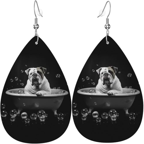 Lustige Badewannen-Bulldogge mit Seifenblase, bunte Weihnachtsbaum-Leder-Tropfenohrringe für Frauen, Dekorationen von Oudrspo