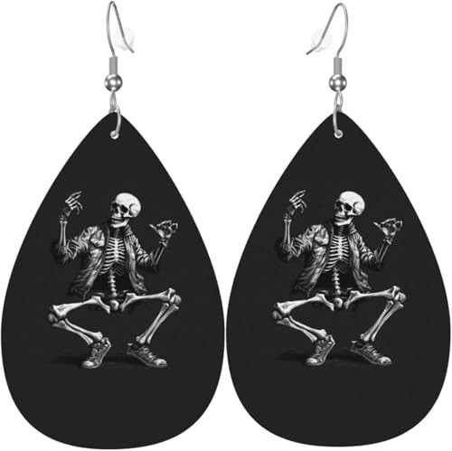 Lustige Rock'n'Roll-Skelett-Totenkopf-Halloween-Baum-Leder-Tropfenohrringe für Frauen von Oudrspo