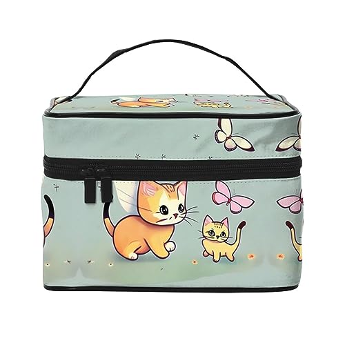 Make-up-Tasche mit Schmetterlings- und Kätzchen-Illustration, niedlicher großer Kosmetik-Organizer für Mädchen Make-up-Tasche mit Schmetterlings- und Kätzchen-Illustration, niedlicher großer Kosmetik-Organizer für Mädchen von Oudrspo