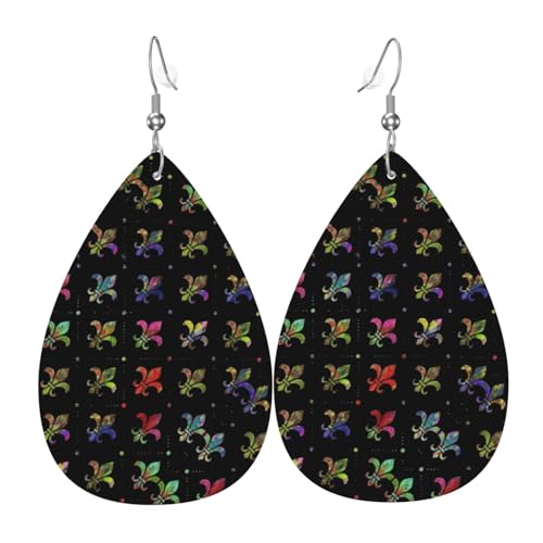 Modische, leichte Ohrringe in Tropfenform, baumelnde Ohrringe, buntes Karnevalsmuster, Lederohrringe für Frauen von Oudrspo