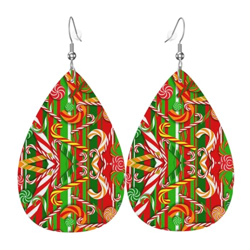Modische, leichte Ohrringe in Tropfenform, baumelnde Ohrringe aus Leder mit Weihnachts-Zuckerstangen-Muster für Frauen von Oudrspo