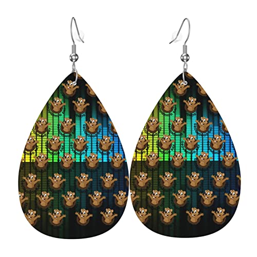 Modische, leichte Ohrringe in Tropfenform mit „Happy Groundhog Day-Muster aus Leder für Frauen von Oudrspo