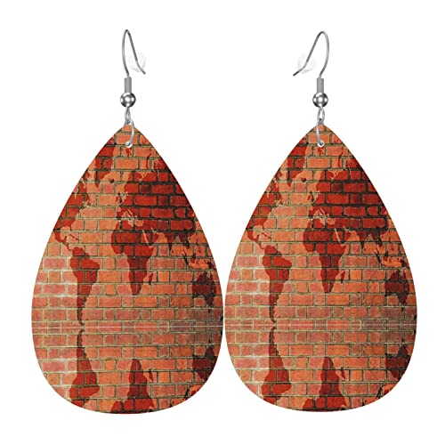 Modische, leichte Ohrringe in Tropfenform mit Ziegelsteinmauer-Weltatlas-Kartenmuster aus Leder für Frauen von Oudrspo