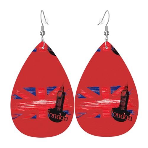 Modische, leichte Ohrringe in Tropfenform mit britischer Londoner Flagge aus Leder für Damen von Oudrspo