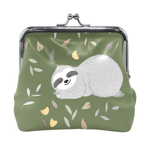 Multi 11 Damen-Geldbörse aus Leder, Hasp-Kartenschlüssel, Wechselgeldbörse, Kiss Lock, Clutch, Tasche, Damen-Handtasche mit kleiner Schnalle, Motiv: Faultier mit fallenden Blättern, grünes Muster von Oudrspo