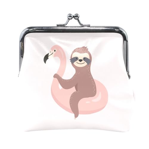 Multi 17 Damen-Geldbörse aus Leder, Hasp-Kartenschlüssel, Wechselgeldbörse, Kiss Lock, Clutch, Tasche, Damenhandtasche mit Kleiner Schnalle, Aufdruck Faultier auf Flamingo von Oudrspo