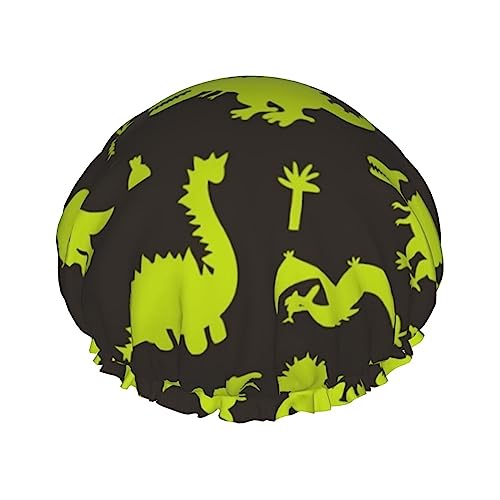 Niedliche Cartoon-Dinosaurier, grüne Silhouette, Muster, Muster, Duschhaube und Badekappe für Damen, wendbare, übergroße, wasserdichte Duschhauben, groß, für alle Haarlängen, elastische, wiederverwe von Oudrspo