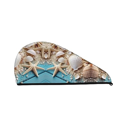 Ocean Sea Beach Seashells Starfish Blue Bad-Duschhaube für Frauen, Korallensamt-Kappe für trockenes Haar, saugfähige, schnell trocknende Handtücher von Oudrspo