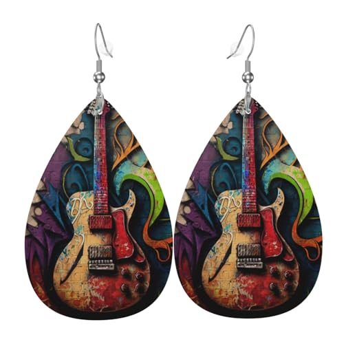 Ohrringe aus Leder in Tropfenform, leicht, baumelnde Tropfenohrringe für Damen – Gitarrenmusik, Graffiti, Straßenwandkunst, Weiß von Oudrspo