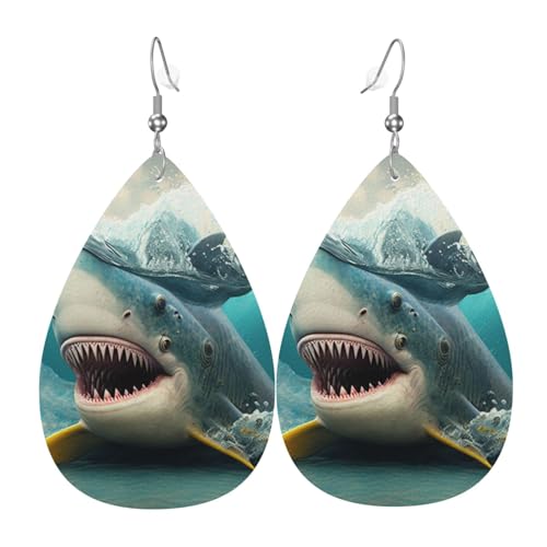 Ohrringe aus Leder in Tropfenform, leicht, baumelnde Tropfenohrringe für Damen – Hai- und Entenmotiv, Weiß von Oudrspo