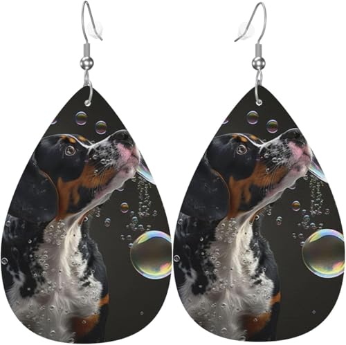 Ohrringe aus Leder in Tropfenform, leicht, baumelnde Tropfenohrringe für Damen – Hunde-Blasenkunst, Weiß von Oudrspo