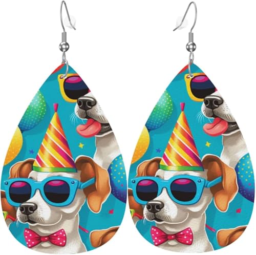 Ohrringe aus Leder in Tropfenform, leicht, baumelnde Tropfenohrringe für Damen – Hundeparty, lustiger Hund, weiß von Oudrspo