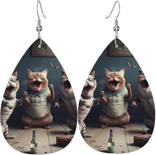Ohrringe aus Leder in Tropfenform, leicht, baumelnde Tropfenohrringe für Damen – Katzenparty, lustiges Spiel, weiß von Oudrspo