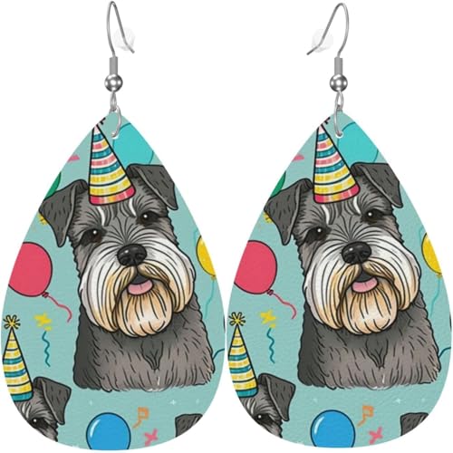 Ohrringe aus Leder in Tropfenform, leicht, baumelnde Tropfenohrringe für Damen – Schnauzer-Hundeparty, lustig, süß, weiß von Oudrspo