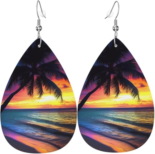 Ohrringe aus Leder in Tropfenform mit Kokospalmen-Sonnenuntergangslandschaft und Liebesherz-Prints für Frauen, Urlaubsdekoration von Oudrspo