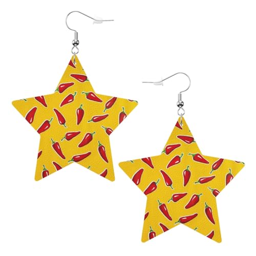 Ohrringe aus Leder mit gelbem Paprika- und rotem Chili-Muster, leichte Ohrhänger in Sternform für Damen Ohrringe aus Leder mit gelbem Paprika- und rotem Chili-Muster, leichte Ohrhänger in Sternform für Damen von Oudrspo