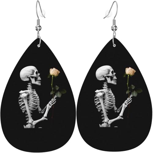 Ohrringe mit Rock-and-Roll-Skelett-Totenkopf, Rose, Liebesherz-Print, Leder, Tropfenform, für Frauen, Weihnachtsdekoration Ohrringe mit Rock-and-Roll-Skelett-Totenkopf, Rose, Liebesherz-Print, Leder, Tropfenform, für Frauen, Weihnachtsdekoration von Oudrspo
