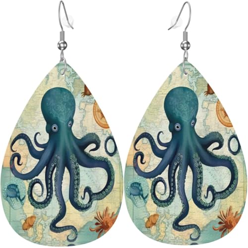 Oktopus, welt, Meer, Weihnachten, grüne Blätter, Leder, Tropfenohrringe für Frauen, Weihnachtsdekoration Oktopus, welt, Meer, Weihnachten, grüne Blätter, Leder, Tropfenohrringe für Frauen, Weihnachtsdekoration von Oudrspo