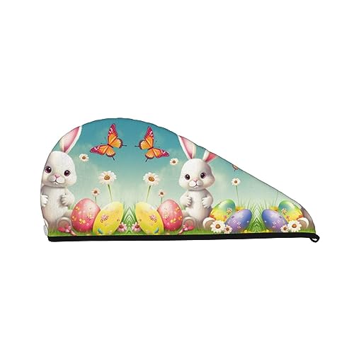 Osterhase mit Eiern und Frühlingsschmetterling, Bade-Duschhaube für Frauen, Korallensamt-Kappe für trockenes Haar, saugfähige, schnell trocknende Handtücher von Oudrspo