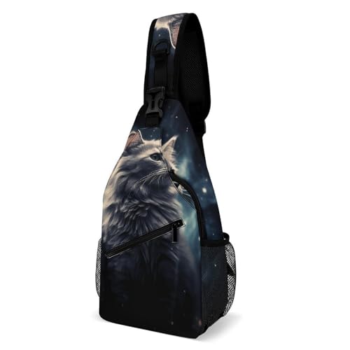 Oudrspo A Cat in a Nebula Penguin Sling Bag Crossbody Chest Bag with Pockets, Shoulder Backpack for Hiking, Travel von Oudrspo