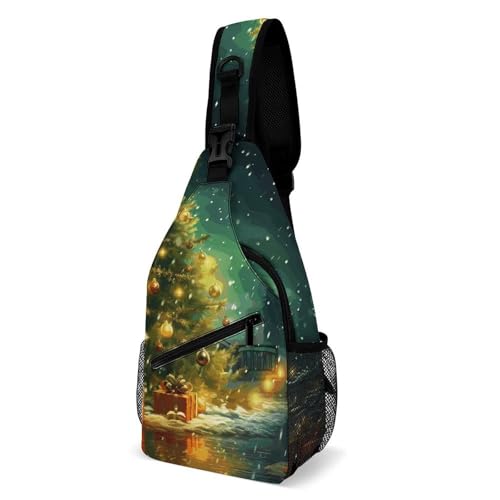 Oudrspo Christmas Trees Colorful Butterflies Flying Around on Black Background Sling Bag Crossbody Chest Bag with Pockets, Shoulder Backpack for Hiking, Travel von Oudrspo
