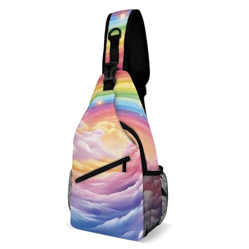 Oudrspo Colorful Rainbow Sling Bag for Men Women Crossbody Backpack Chinese Crane Bird Peach Tree Crossbody Bag Chest Bags for Travel Sport von Oudrspo