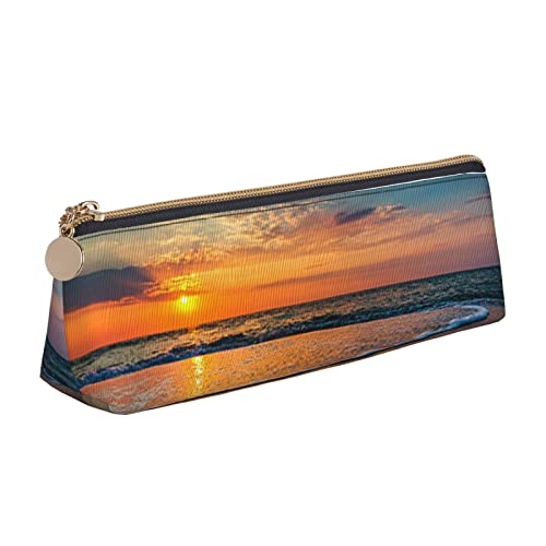Oudrspo Federmäppchen aus Leder mit Reißverschluss, Strandwelle, Sonnenuntergang, tragbare Schreibwarentasche, Organizer, Schreibwarenetui, Unisex von Oudrspo