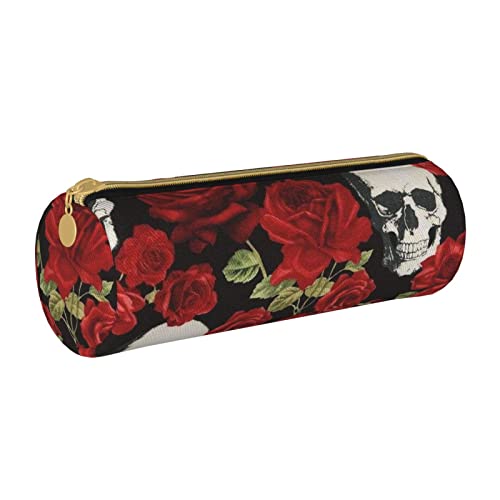 Oudrspo Federmäppchen aus Leder mit Rosenschädeldruck, tragbare Schreibwarentasche, Organizer, Schreibwarenetui, Unisex von Oudrspo