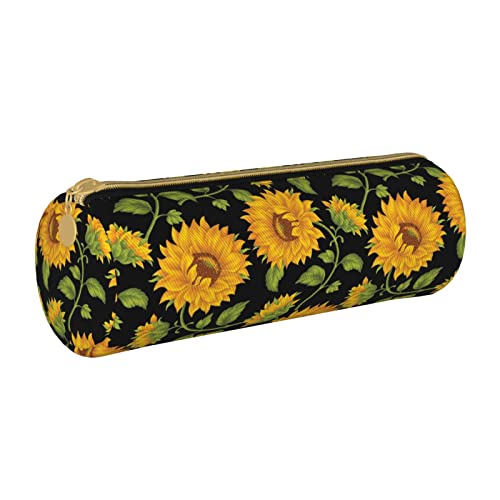 Oudrspo Federmäppchen aus Leder mit Sonnenblumenmuster, Reißverschluss, tragbare Schreibwarentasche, Organizer, Schreibwarenetui, Unisex von Oudrspo