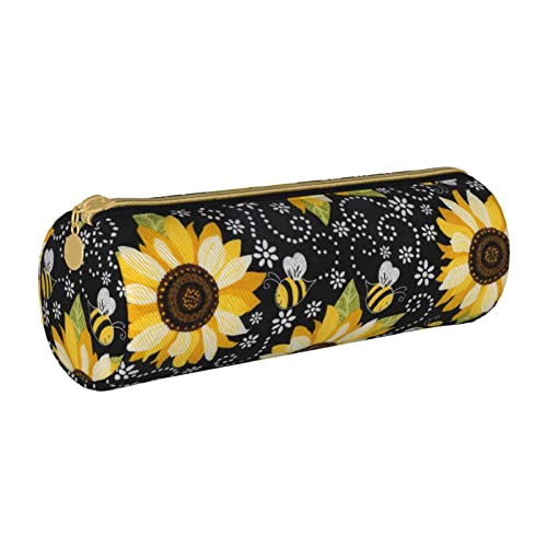 Oudrspo Federmäppchen aus bedrucktem Leder mit Sonnenblumen-Bienen, tragbare Schreibwarentasche, Organizer, Schreibwarenetui, Unisex von Oudrspo