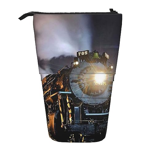 Oudrspo Federmäppchen mit Dampflok-Motiv, Bedruckt, stehend, Federmäppchen, Teleskop-Federmäppchen, niedliches Schreibwarenetui, Büro-Organizer mit Reißverschluss von Oudrspo