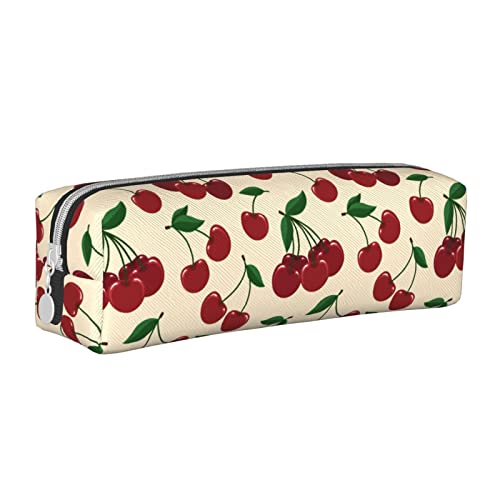 Oudrspo Federmäppchen mit Kirschmuster, rund, Stiftetui, tragbar, Leder-Organizer mit Reißverschluss, Kosmetiktasche von Oudrspo