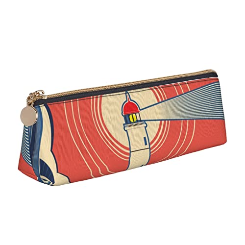 Oudrspo Federmäppchen mit Leuchtturm-Muster, dreieckig, tragbares Federmäppchen, Leder-Organizer mit Reißverschluss, Kosmetiktasche von Oudrspo