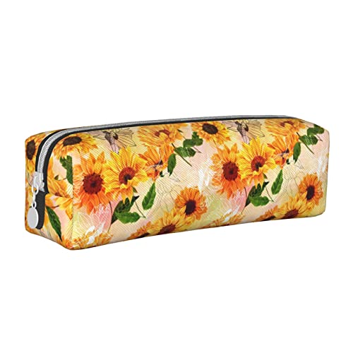 Oudrspo Federmäppchen mit Sonnenblumenmuster, rundes Stiftetui, tragbares Federmäppchen, Leder-Organizer mit Reißverschluss, Kosmetiktasche von Oudrspo