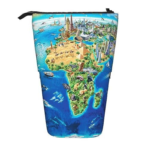 Oudrspo Federmäppchen mit Weltkarte und Sehenswürdigkeiten, Bedruckt, stehend, ausziehbarer Federhalter, niedliches Schreibwarenetui, Büro-Organizer mit Reißverschluss von Oudrspo