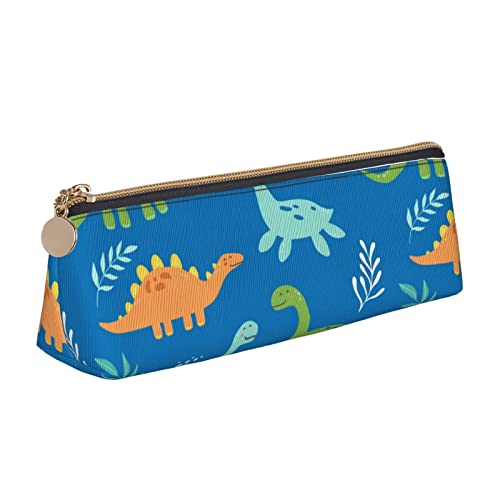 Oudrspo Federmäppchen mit niedlichem Dinosaurier- und Blättermuster, dreieckiges Stiftetui, tragbares Federmäppchen, Leder-Organizer mit Reißverschluss, Kosmetiktasche von Oudrspo