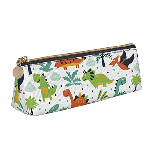 Oudrspo Federmäppchen mit niedlichem Dinosaurier- und Blättermuster, dreieckiges Stiftetui, tragbares Federmäppchen, Leder-Organizer mit Reißverschluss, Kosmetiktasche von Oudrspo