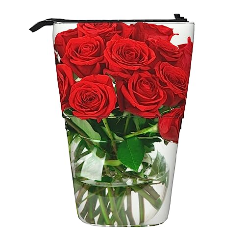 Oudrspo Federmäppchen mit roter Rose, Bedruckt, stehend, Federmäppchen, Teleskop-Federmäppchen, niedliches Schreibwarenetui, Büro-Organizer mit Reißverschluss von Oudrspo