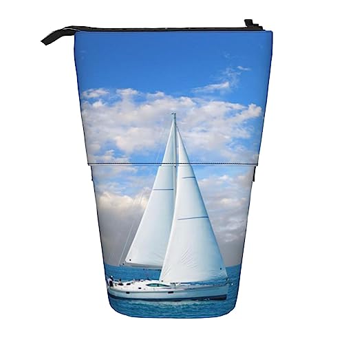 Oudrspo Federmäppchen mit weißem Boot auf blauem Meer, Teleskop-Stifttasche, stehender Pop-Up-Stifthalter mit Reißverschluss für das Büro von Oudrspo