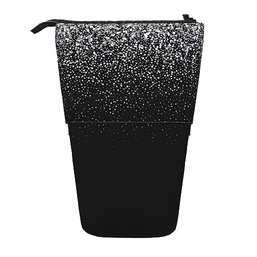 Oudrspo Glänzendes, silberfarbenes Glitzer-Federmäppchen, bedrucktes, stehendes Federmäppchen, ausziehbarer Federhalter, süßes Schreibwarenetui, Büro-Organizer mit Reißverschluss von Oudrspo