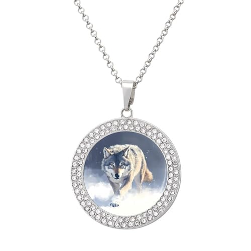 Oudrspo Grauer Wolf, der durch verschneite Halskette mit Anhänger für Frauen geht, Diamant-Halsketten, Kreis von Oudrspo