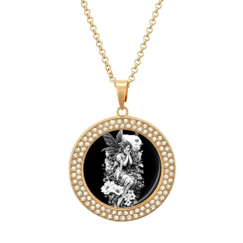 Oudrspo Halskette mit Anhänger mit Elfen, Feen, Schmetterlingen und Blumen für Damen, Diamant-Halsketten, Kreis von Oudrspo