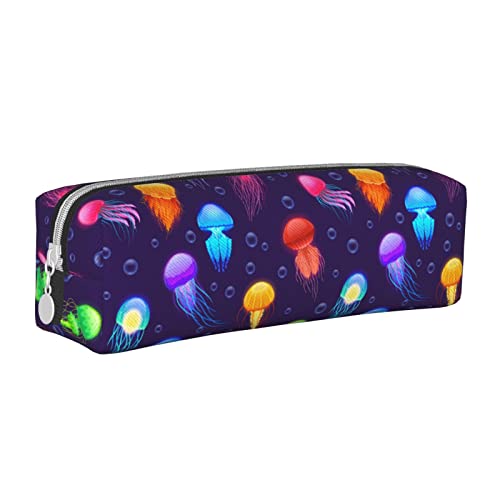 Oudrspo Jellyfish Bright Glowing Bleistiftbeutel, rundes Stiftetui, tragbarer Bleistiftbeutel, Leder-Organizer mit Reißverschluss, Kosmetiktasche von Oudrspo