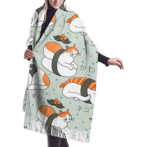 Oudrspo Kawaii Neko Sushi Winter Warmer langer Schal für Frauen Tragbares Kopftuch Mode 77x27 Zoll von Oudrspo