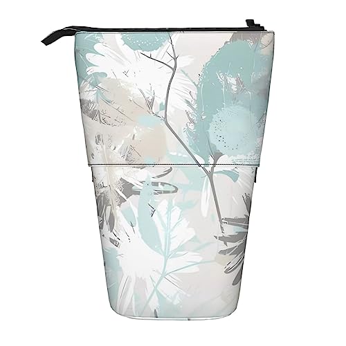 Oudrspo Mintgraue Blätter-Federmäppchen, Stand-Up-Bleistifttasche, niedlicher Teleskop-Bleistifthalter, Make-up-Tasche für das Büro von Oudrspo