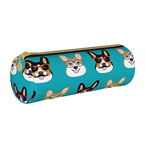 Oudrspo Niedliche Corgi-Brille und Schnurrbärte bedrucktes Leder-Reißverschluss-Bleistift-Etui, tragbare Schreibwarentasche, Organizer-Schreibwaren-Etui, Unisex von Oudrspo