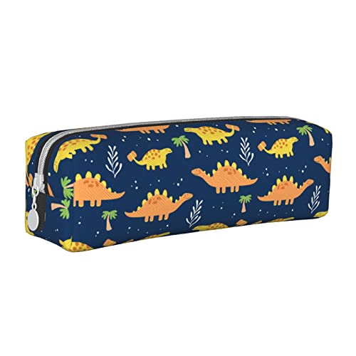 Oudrspo Niedliches Dinosaurier- und Blättermuster (5), Federmäppchen, rundes Stiftetui, tragbares Federmäppchen, Leder-Organizer mit Reißverschluss, Kosmetiktasche von Oudrspo