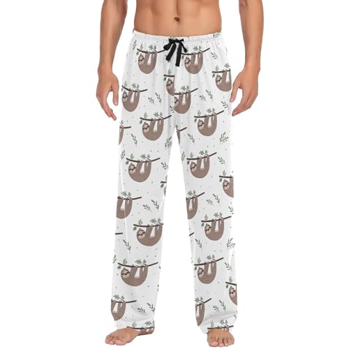 Oudrspo Pyjamahose für Herren mit süßem Doodle-Faultier-Aufdruck, Lange Jogginghose, leichte Schlafhose mit Taschen, Pyjama-Hose von Oudrspo